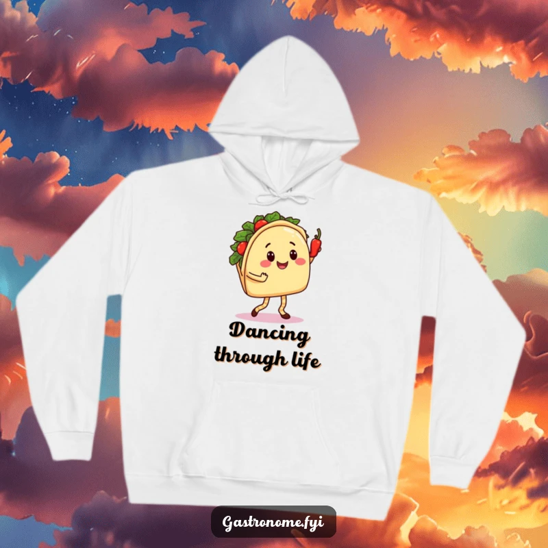 Funny Taco Dance Hoodie: Smiling Taco Character Salsa Dancing with a Spicy Pepper, Humorous and Cozy Fiesta Apparel