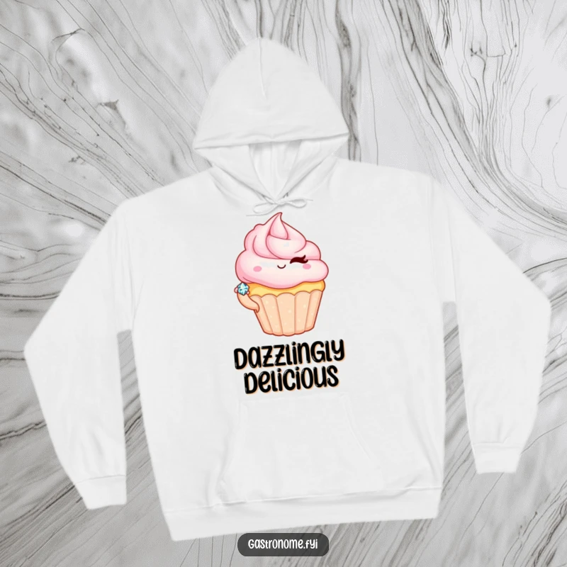 Funny hoodie showcasing a charming cupcake character winking while presenting a tiny jewel, ideal for cozying up in style.