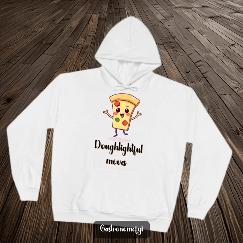 Funny hoodie showcasing a beaming pizza slice character in mid-dance, ideal for cozying up and spreading cheerful vibes.
