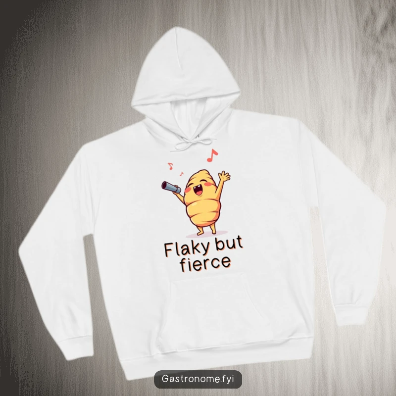 Funny croissant character performing an opera high note, featured on a cozy hoodie, ideal for a humorous and warm gift.