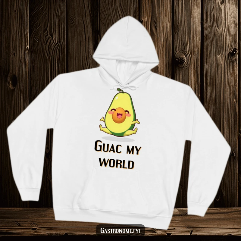 Funny, cozy hoodie featuring a happy avocado character in a wide split, perfect for comfortable and humorous activewear.