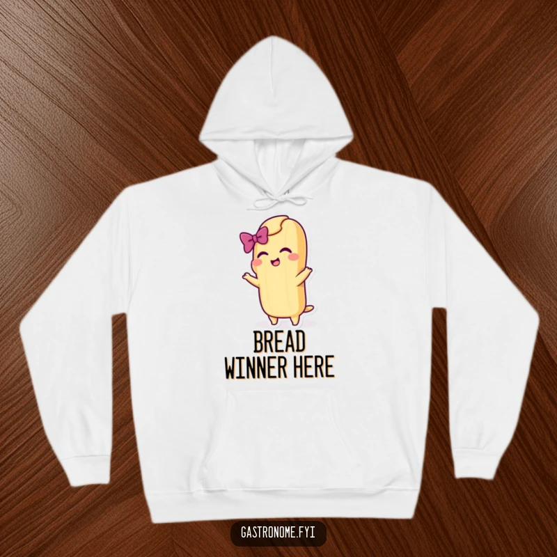 Funny hoodie depicting a cheerful baguette character taking a dramatic bow with a flourish, perfect for cozy performances.