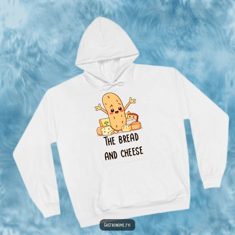 Funny hoodie depicting a smiling baguette character posing proudly next to gourmet cheeses, for cozy foodie enjoyment.