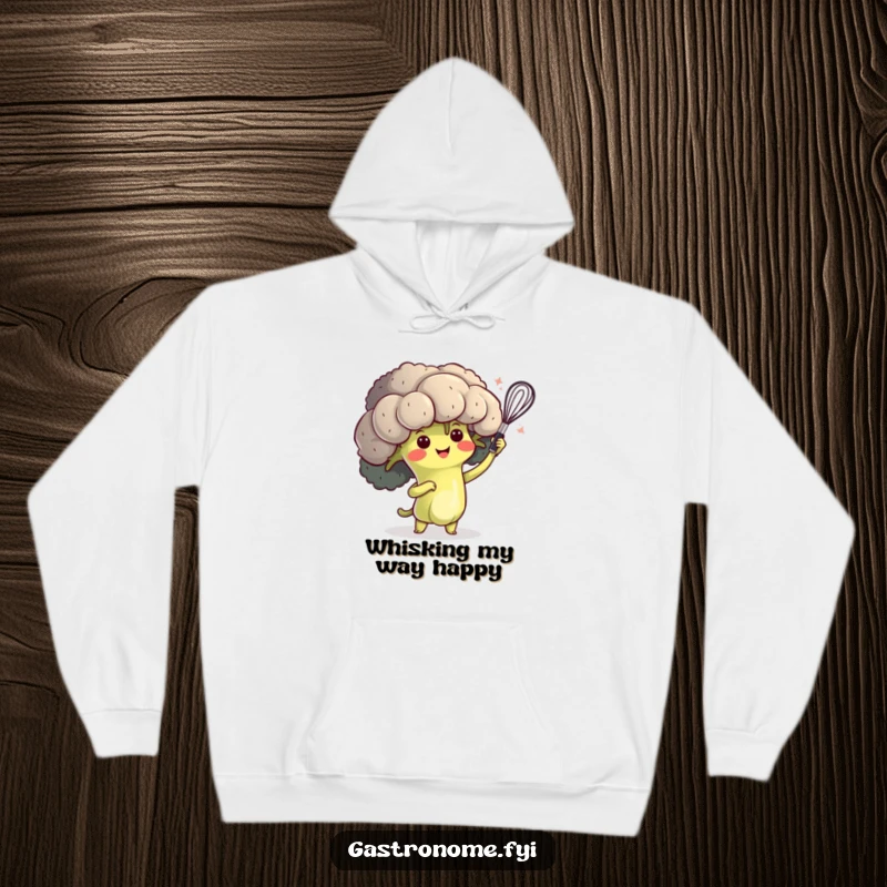 Funny hoodie with a happy broccoli character performing a dramatic whisk flourish, the ultimate cozy kitchen performer.
