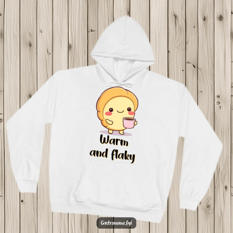 Funny hoodie with a smiling croissant character holding a small cup of coffee, exuding warmth and morning cheer.