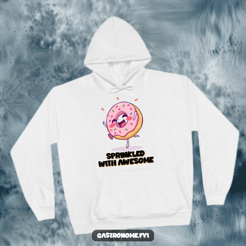 Funny hoodie with a giggling donut character decorated with colorful sprinkles, performing a cartwheel with a joyful and energetic stance.