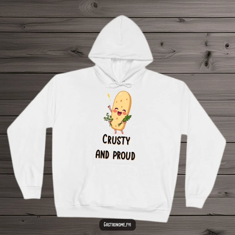 Funny excited baguette hoodie featuring a bread character with a small herb bouquet, perfect for cozy, humorous, and stylish wear.