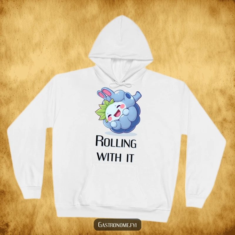Funny giggling blueberry hoodie, a cozy garment featuring a fruit character doing a playful somersault, ideal for humorous warmth.