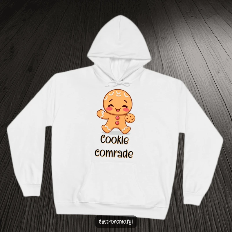 Funny hoodie depicting a cheerful gingerbread man giggling while sharing a small cookie, ideal for cozy holiday wear.
