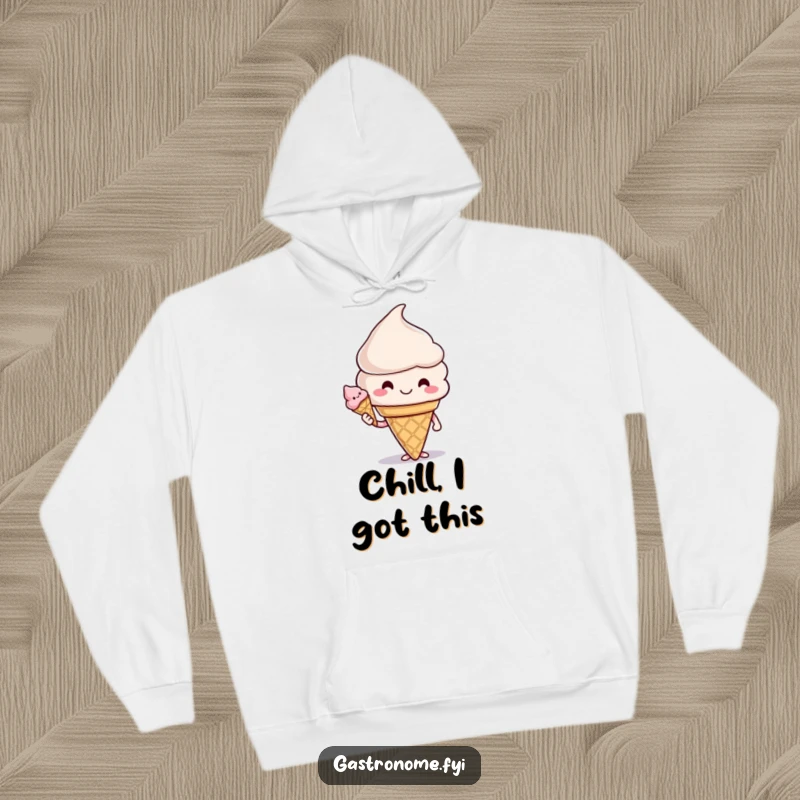 Funny hoodie featuring a smiling ice cream cone character offering a cone, embodying sweet comfort and cheerful vibes.