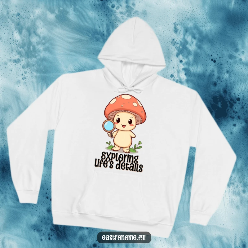 Funny happy mushroom character holding a magnifying glass, designed for cozy and humorous wear on a hoodie.