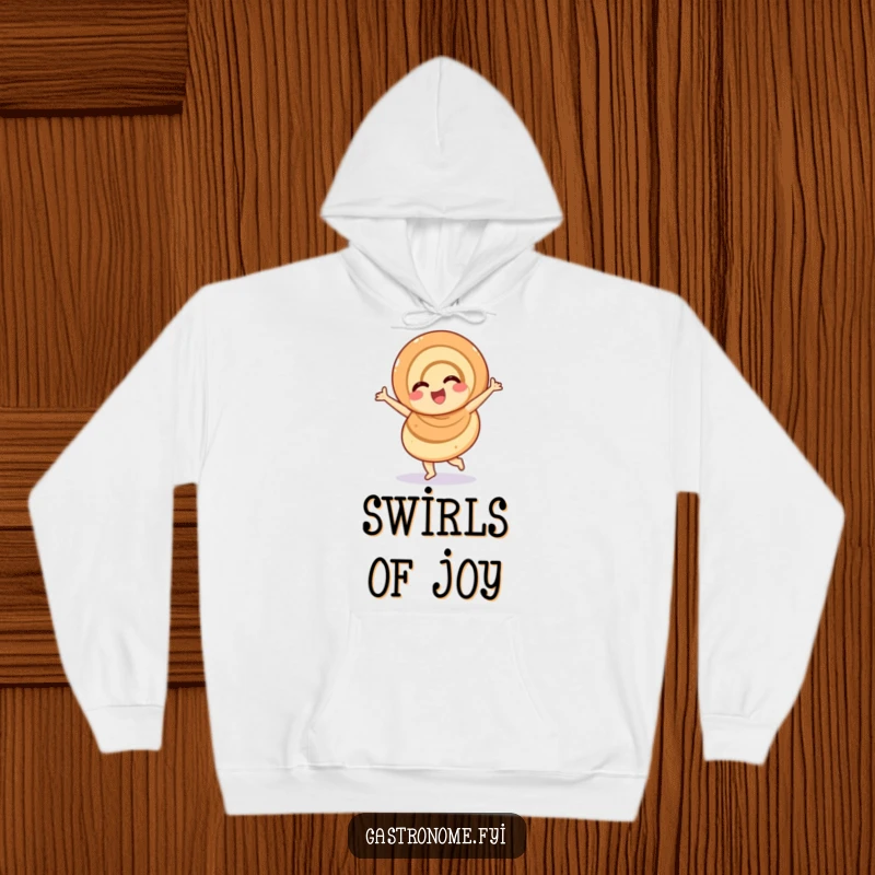 Funny overjoyed cinnamon roll hoodie, a cozy garment featuring a cheerful pastry character doing a twirl, ideal for humorous warmth.