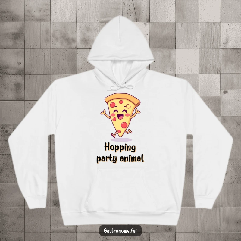 Funny pizza slice hoodie, beaming with joy, doing a cheerful little hop, offering warmth and happiness with every wear.