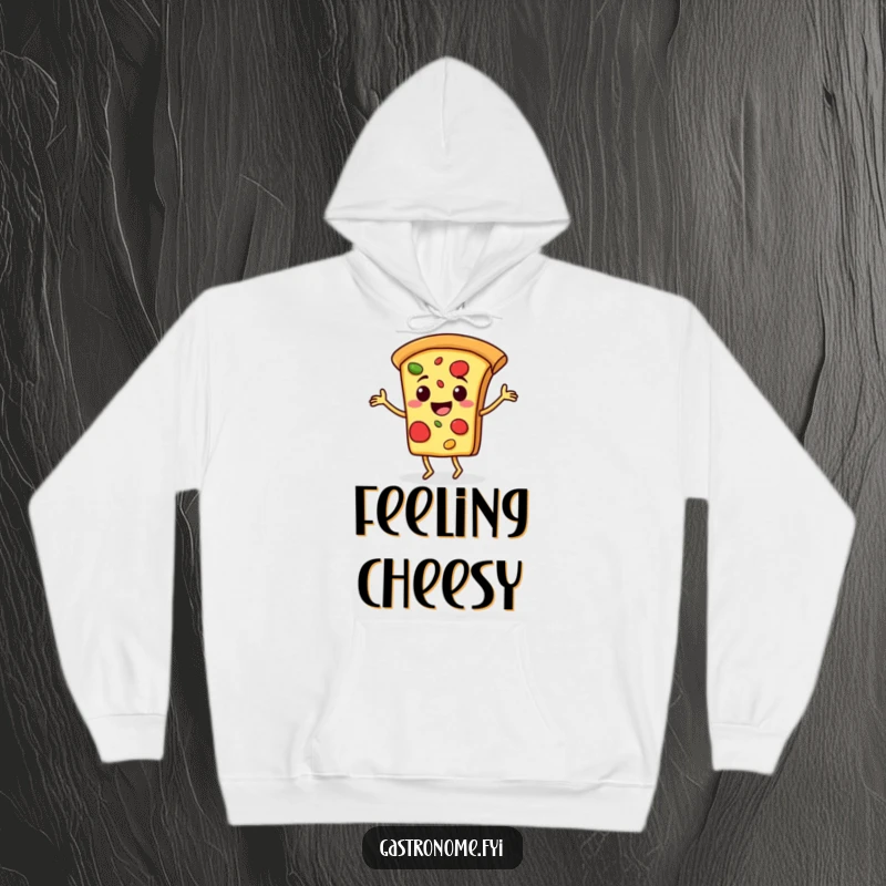 Funny hoodie showcasing a happy pizza slice character in mid-jig, looking incredibly cheerful and ready for a good time.
