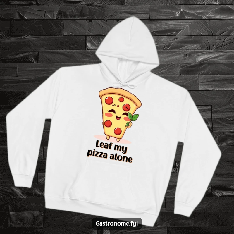 Funny giggling pizza slice character hoodie admiring a tiny basil leaf, offering warmth and a humorous gourmet touch.