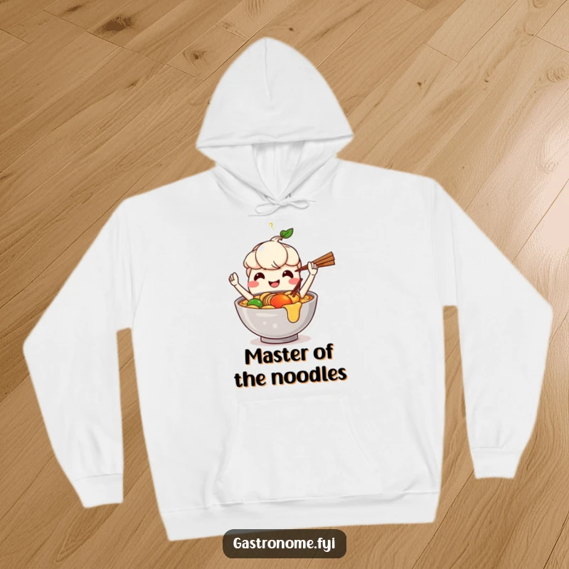 Funny hoodie featuring a smiling ramen bowl character expertly juggling chopsticks, offering warmth and humor.