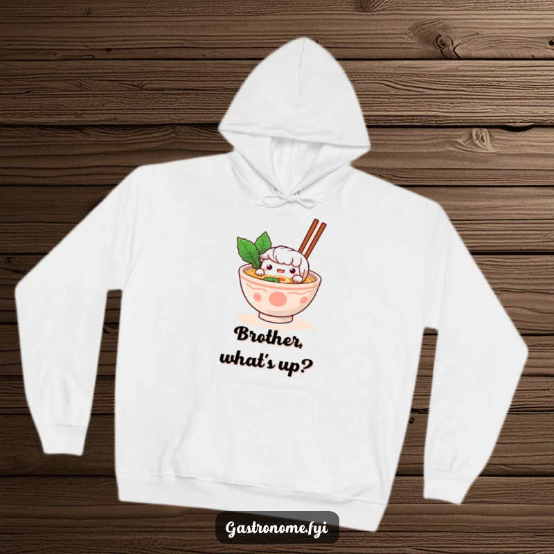 Funny Hoodie: A curious ramen bowl character peers inquisitively over its steaming broth, a cozy and funny design. Great gift.
