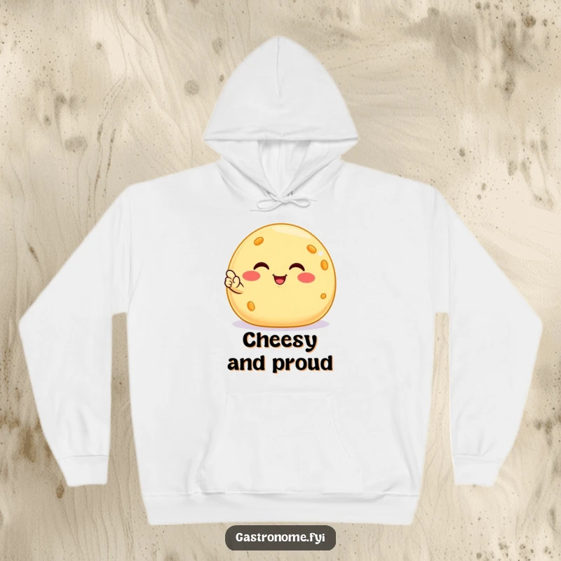 Funny smiling cheese ball hoodie, a cozy garment featuring a satisfied snack character giving a nod, ideal for humorous warmth.