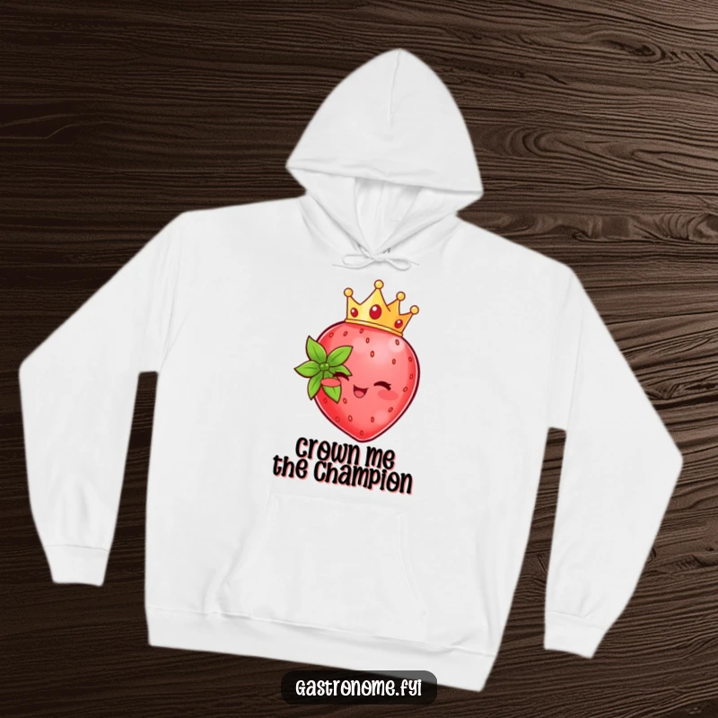 Funny beaming strawberry character adorned with a tiny crown, featured on a comfortable and humorous hoodie.