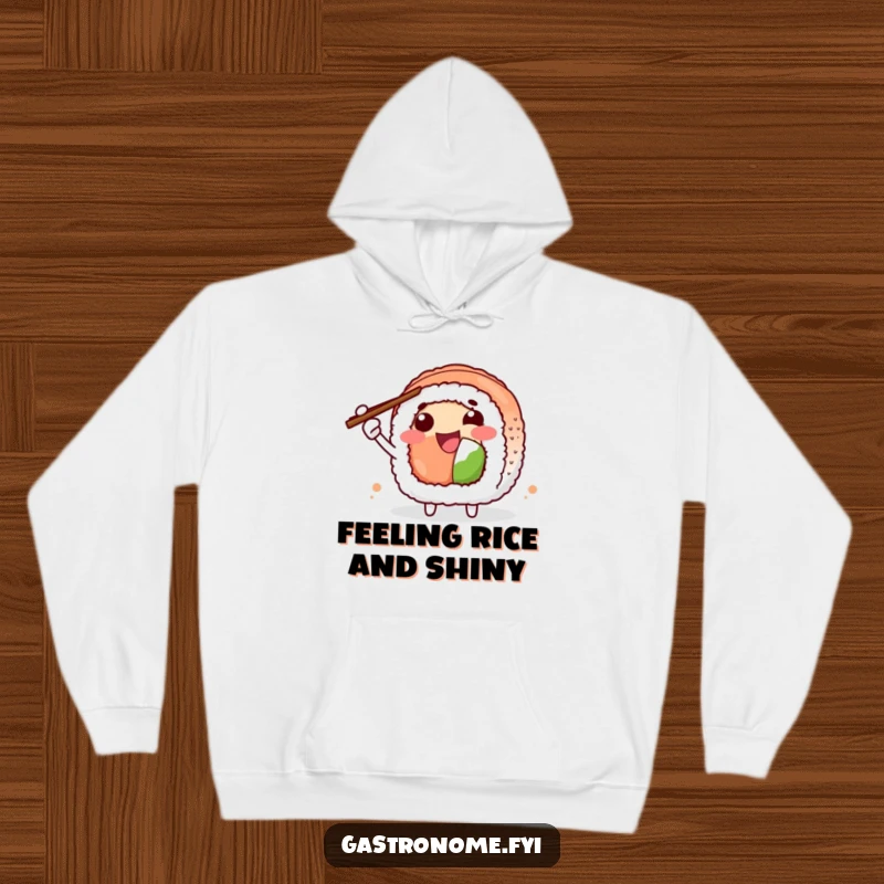 Funny Hoodie depicting a joyful sushi roll character with chopsticks, enthusiastically ready to eat. Cozy and humorous apparel.