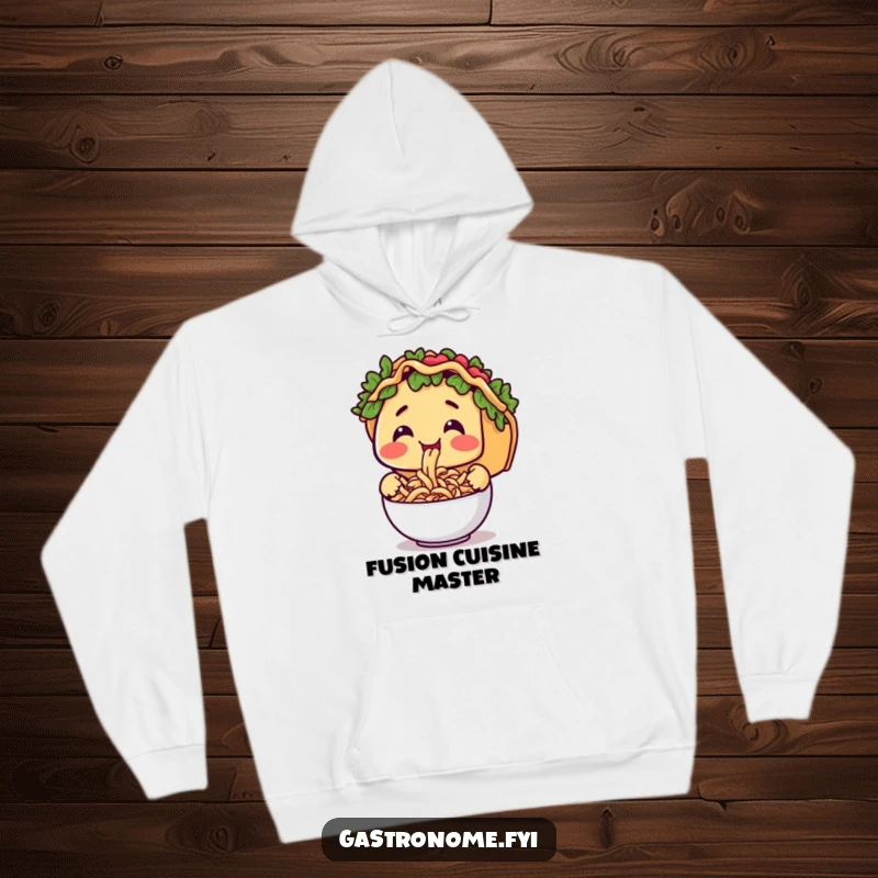 Funny hoodie depicting a happy taco character enjoying a bowl of tiny pasta, perfect for cozy food adventures.