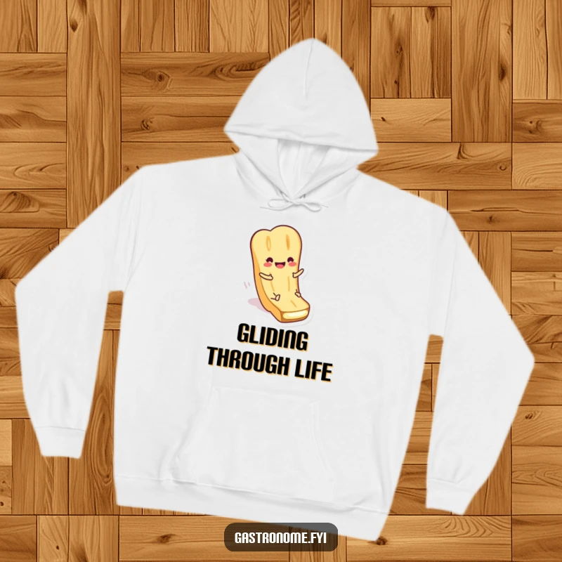 Funny Hoodie featuring a smiling baguette character sliding down butter. Comfortable and humorous apparel for bread enthusiasts.
