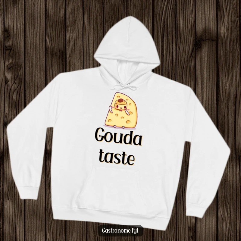 Funny hoodie depicting a smug cheese wedge character holding a delicate pastry, ideal for chefs and dessert aficionados.