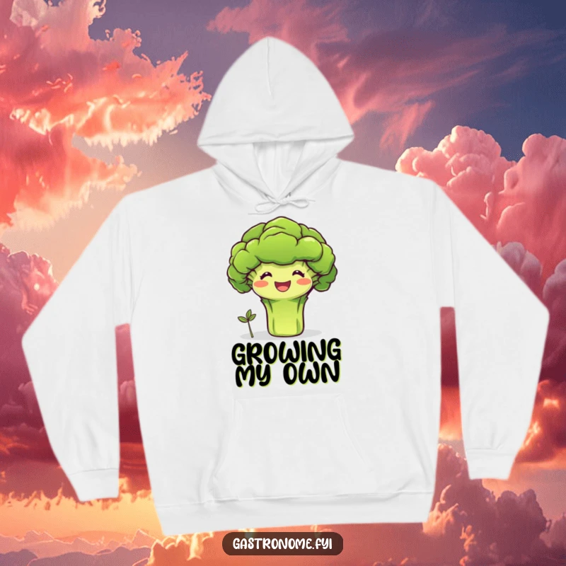 Funny hoodie depicting a beaming broccoli character proudly presenting a tiny sprout, symbolizing family and healthy eating with humor.