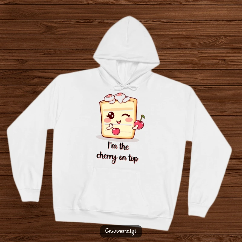 Funny hoodie with a cheerful, winking cake slice character holding a miniature cherry, suitable for cozy humor.
