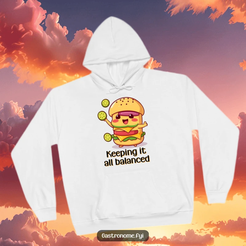 Funny Cheeseburger Hoodie: Delighted Character Juggling Pickle Slices, Humorous and Cozy Foodie Gift