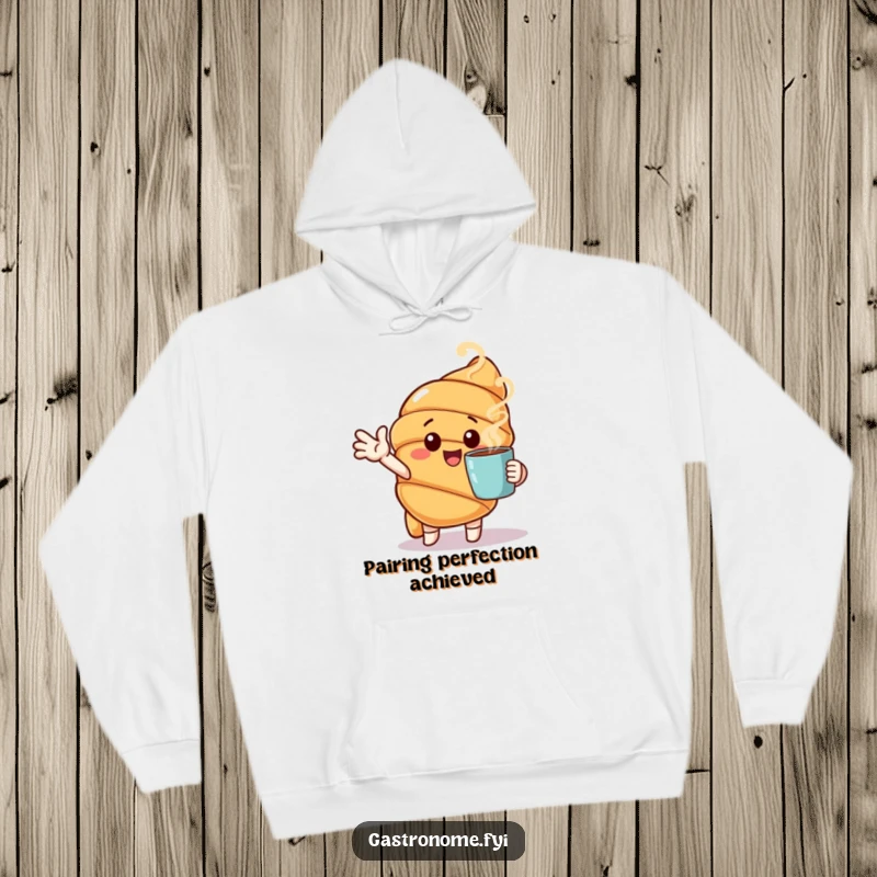 Funny hoodie with a cheerful croissant character gesturing towards a steaming cup, offering cozy morning comfort and humor.