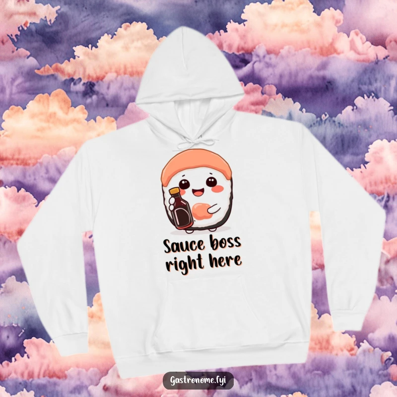 Funny hoodie featuring a content sushi character beaming while holding a miniature soy sauce bottle, perfect for sushi enthusiasts.