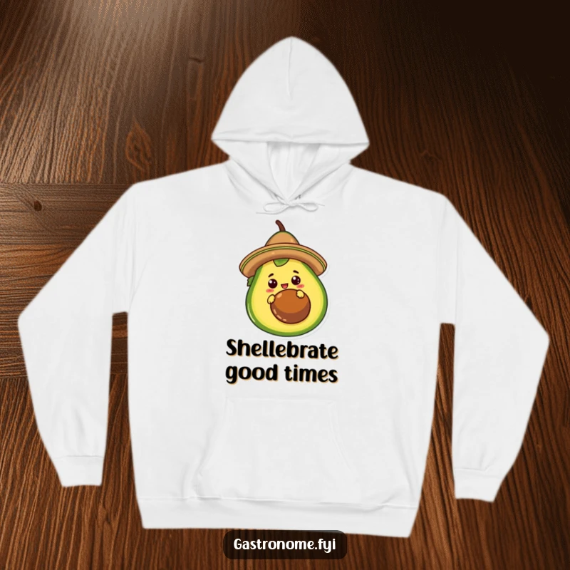Funny Hoodie featuring a curious taco character in a sombrero, peeking from behind a giant avocado. Comfortable and humorous.