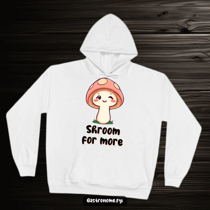 Funny cheeky mushroom hoodie, a cozy garment featuring a winking fungi character, ideal for humorous warmth and playful style.