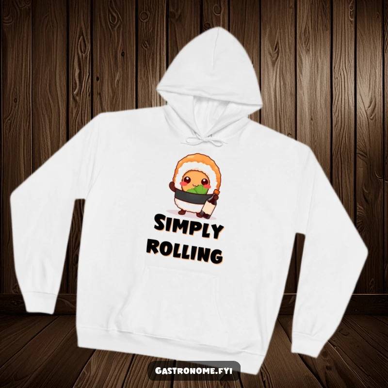 Funny hoodie with a confident sushi roll character striking a proud pose next to a tiny soy sauce bottle, ready to impress.