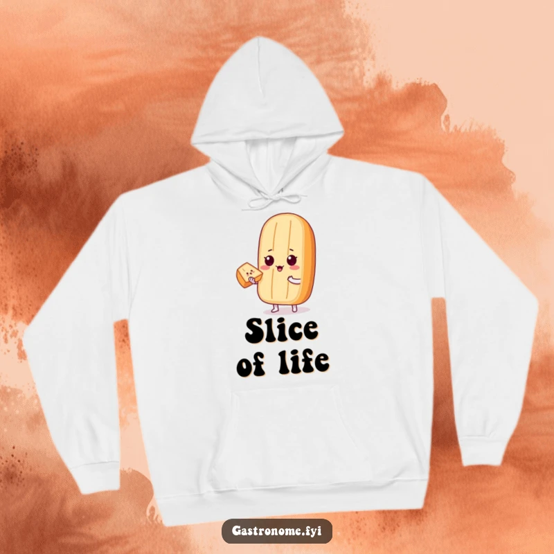Funny Hoodie: A proud baguette character offers a tiny, perfect slice of bread, a cozy and funny design. Great gift.