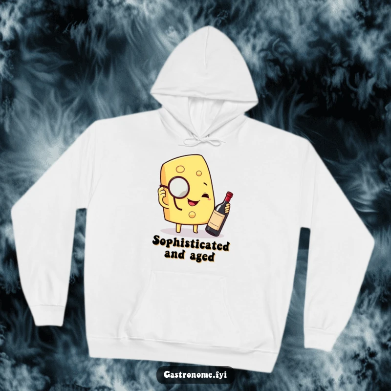 Funny hoodie depicting a smiling cheese wedge in a monocle, gleefully examining a tiny bottle of wine, a humorous foodie present.