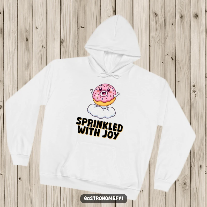 Funny Hoodie: A happy, sprinkled donut character bounces exuberantly on a fluffy sugar cloud, radiating pure, funny joy. Great gift.