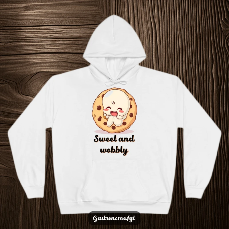 Funny wobbly jelly character happily biting a huge cookie, depicted on a warm hoodie, perfect for a humorous and cozy gift.