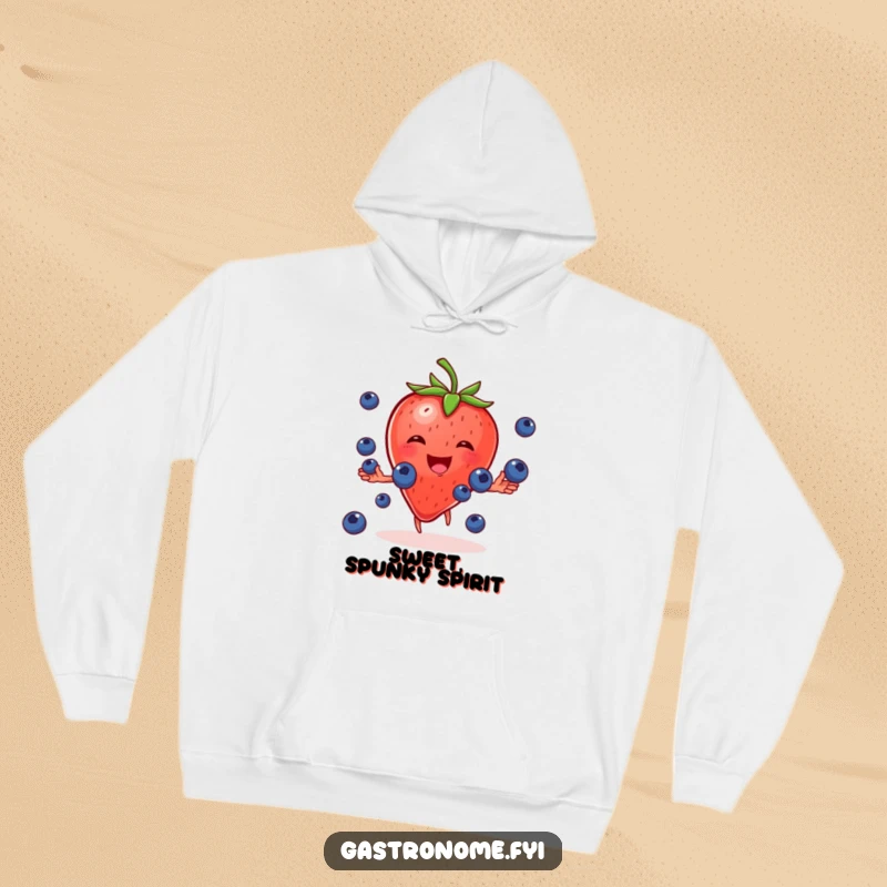Funny hoodie depicting a cheerful strawberry character gleefully juggling small blueberries, ideal for fans of fruity and fun designs.