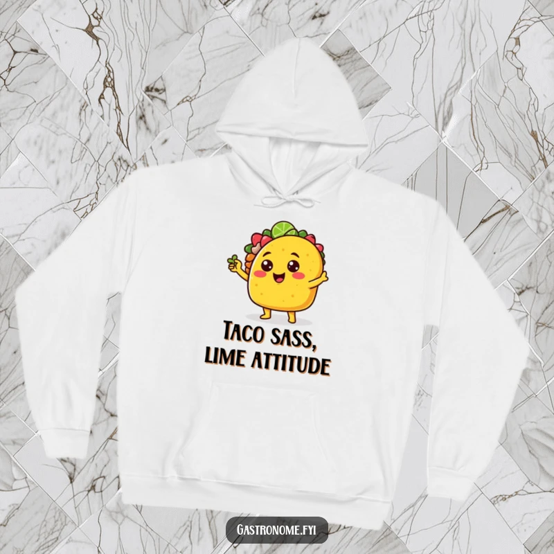 Funny cheerful taco character hoodie striking a sassy pose with a tiny lime wedge, offering cozy comfort and bold humor.