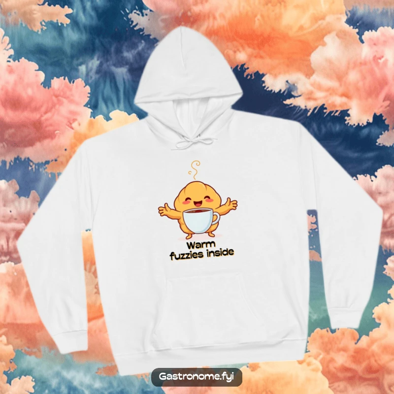 Funny Hoodie featuring a happy croissant character embracing a steaming coffee cup. Comfortable and humorous apparel.
