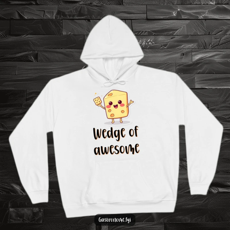 Funny Hoodie with a smiling cheese wedge character balancing a cracker with flair, offering cozy and humorous vibes.