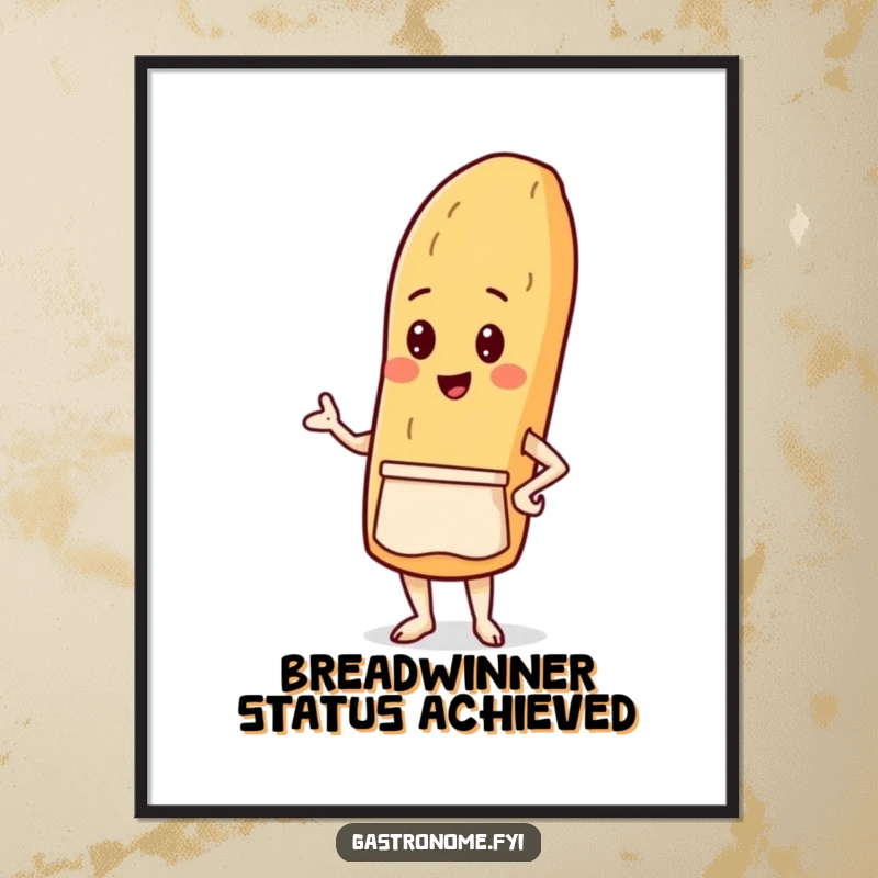 Funny Free Printable Wall Art: A proud baguette character in a tiny apron, exuding culinary confidence and charm.