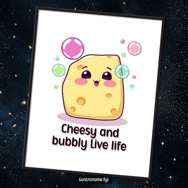 Funny Free Printable Cheese Wall Art: Bubbly cheese wedge character blowing vibrant rainbow bubbles, a whimsical piece of downloadable art.
