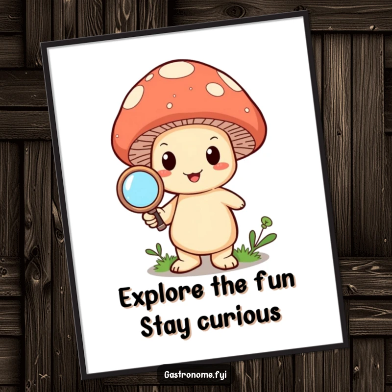 Funny Free Printable Mushroom Wall Art: Happy mushroom character intently holding a tiny magnifying glass, a curious and humorous art piece.