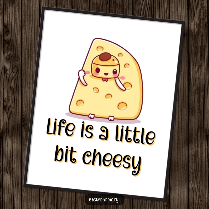 Funny Free Printable Wall Art: Proud cheese wedge character proudly displays a tiny, exquisitely detailed pastry.