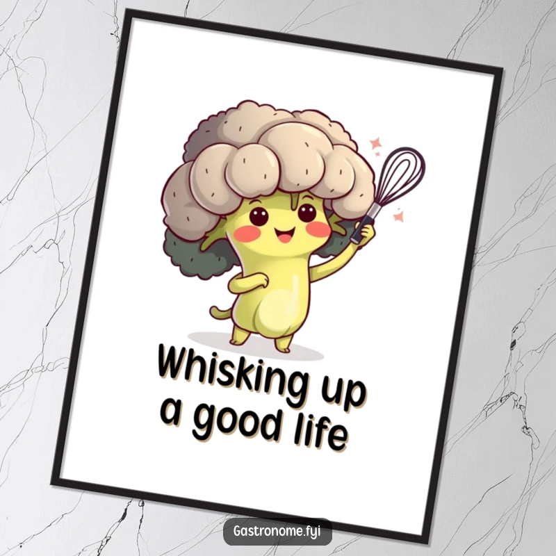 Funny Free Printable Wall Art: A happy broccoli character performing an exaggerated flourish with a tiny whisk, adding kitchen charm.
