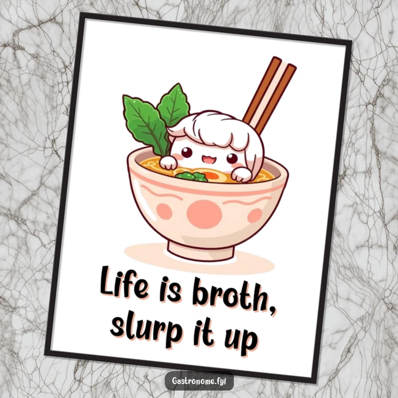 Funny Free Printable Wall Art: A curious ramen bowl character peeking over its broth, whimsical downloadable decor.