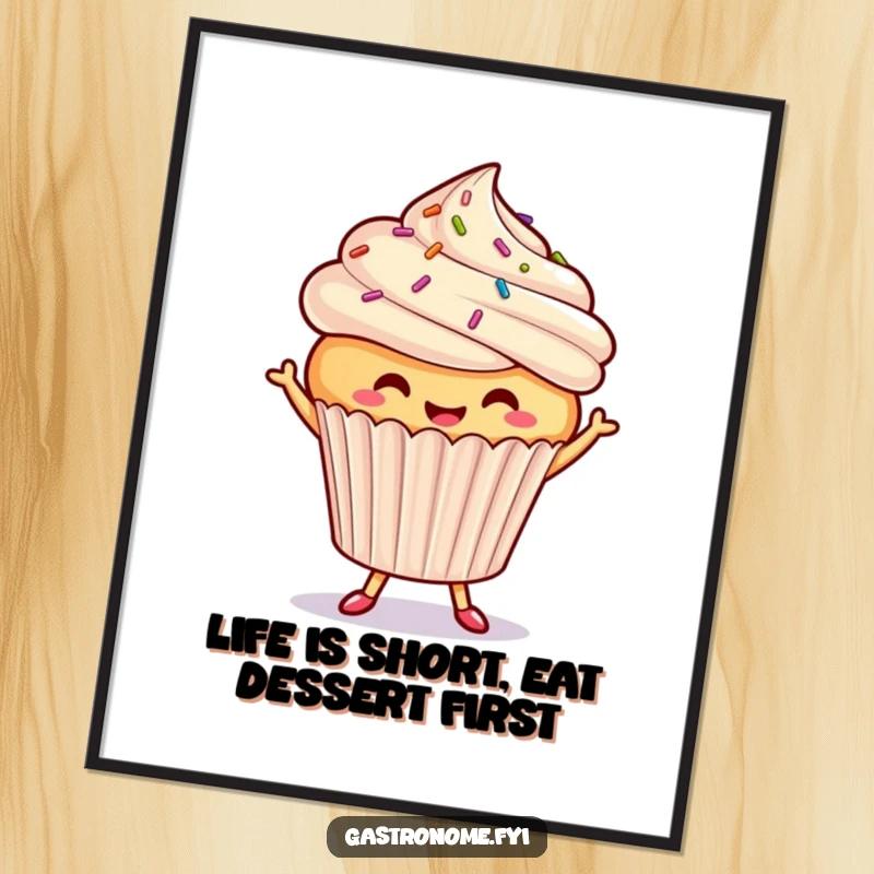 Funny free printable wall art of a beaming cupcake with sprinkles performing a happy dance, exuding pure delight and sweetness.